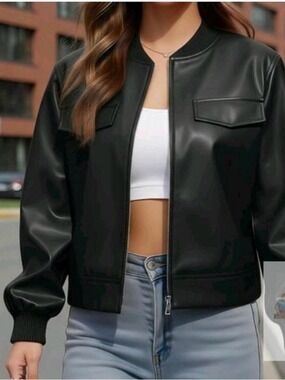 Classic Black Faux Leather Bomber Jacket